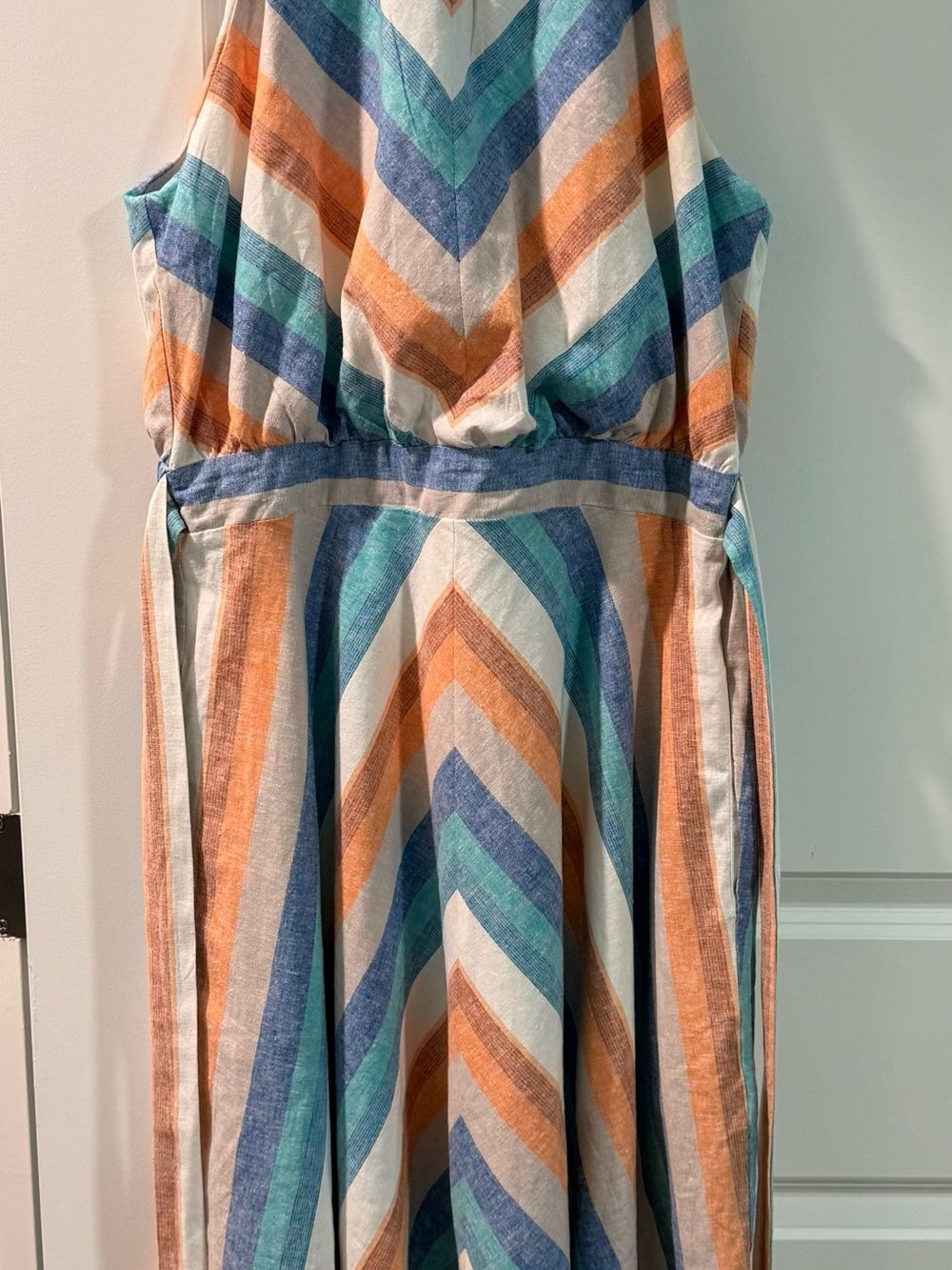 New York & Company Halter Maxi Dress M Striped Chevron Orange Teal Blue